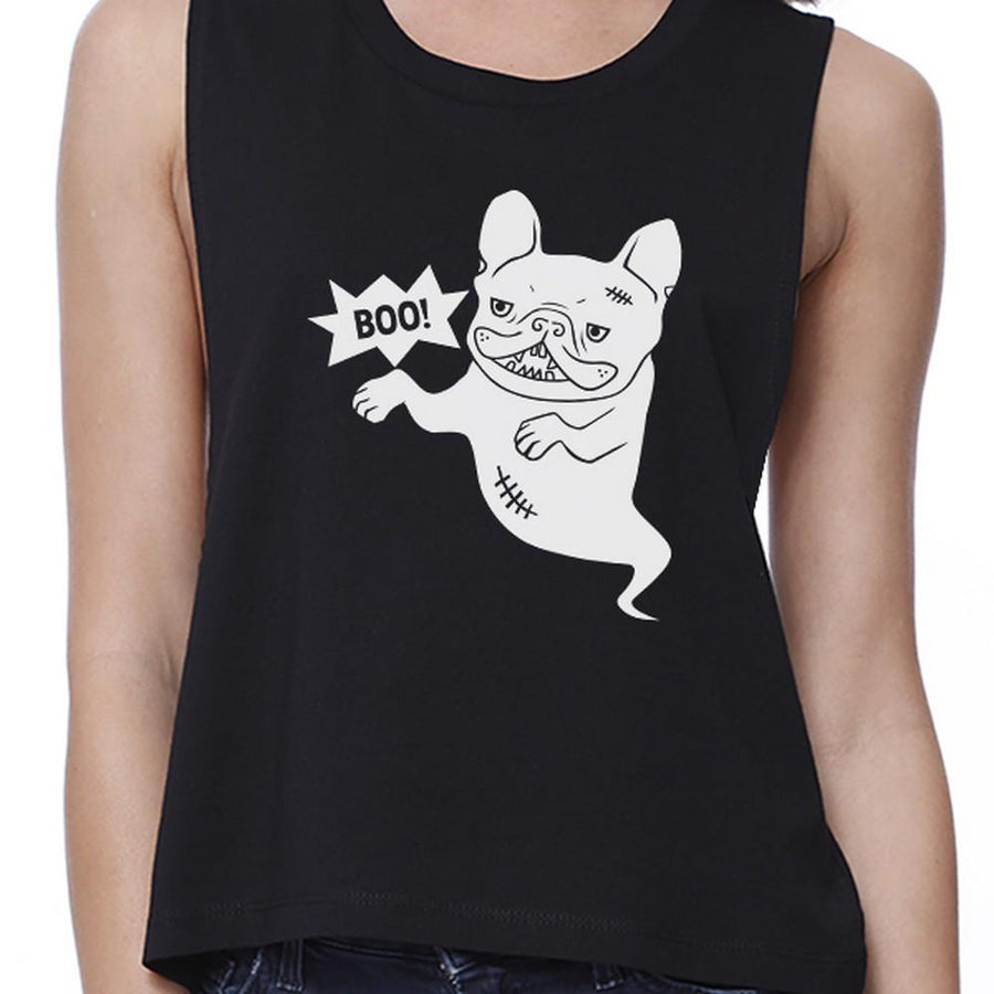 Boo French Bulldog Ghost Womens Black Crop Top