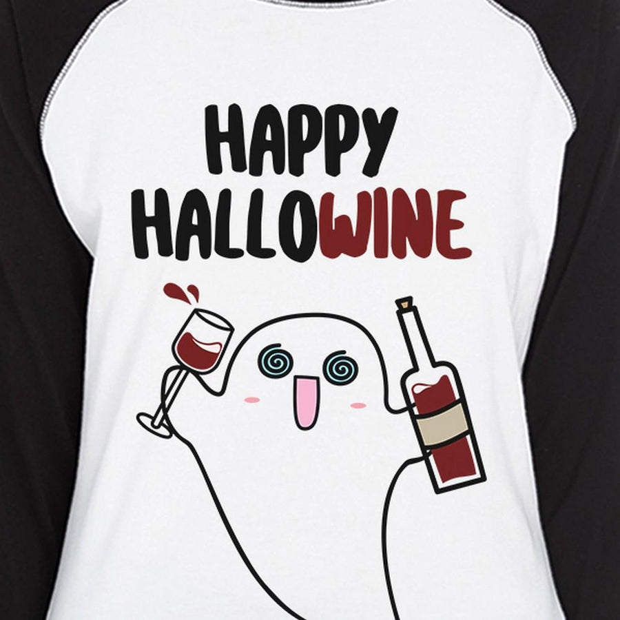 Happy Hallowine Ghost Wine Womens Black And White BaseBall Shirt