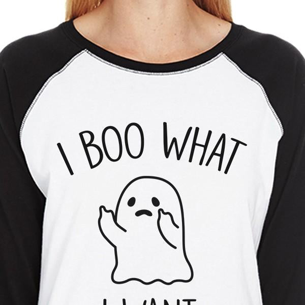 I Boo What I Want Ghost Womens Black And White Baseball Shirt