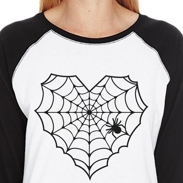 Heart Spider Web Womens Black And White Baseball Shirt