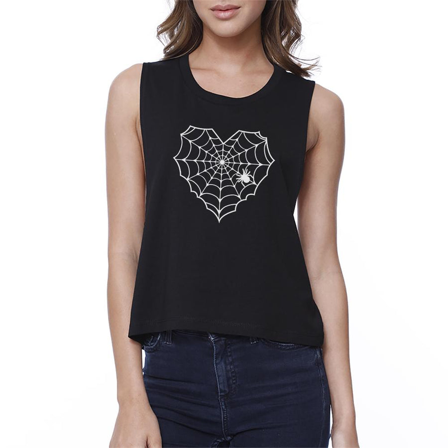 Heart Spider Web Womens Black Crop Top