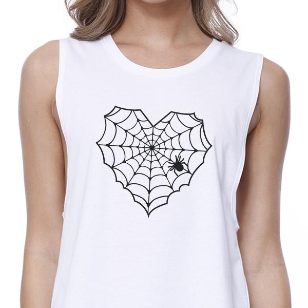 Heart Spider Web Womens White Crop Top