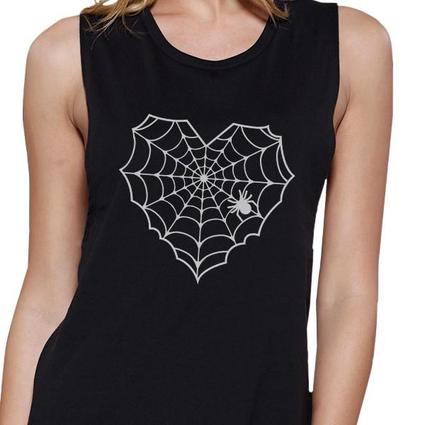 Heart Spider Web Womens Black Muscle Top