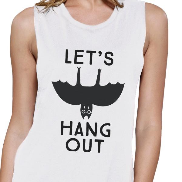 Let's Hang Out Bat Womens White Muscle Top