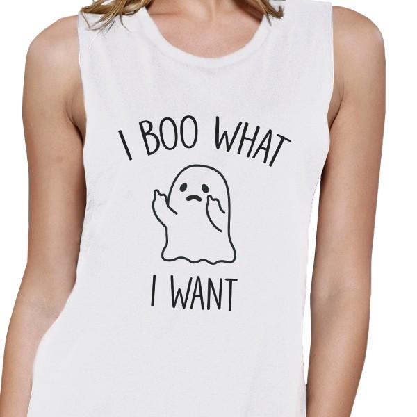 I Boo What I Want Ghost Womens White Muscle Top