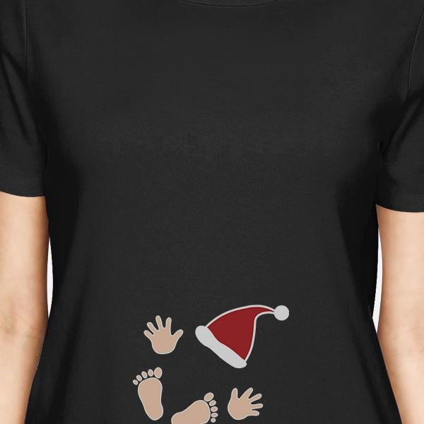 Baby Santa Foot And Handprints Womens Black Shirt