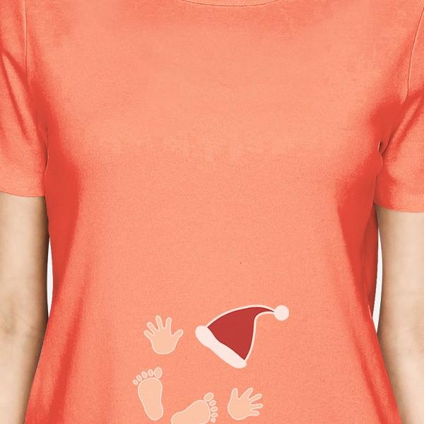 Baby Santa Foot And Handprints Womens Peach Shirt