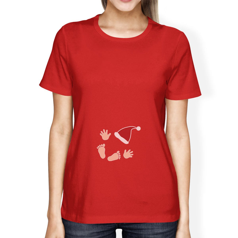 Baby Santa Foot And Handprints Womens Red Shirt