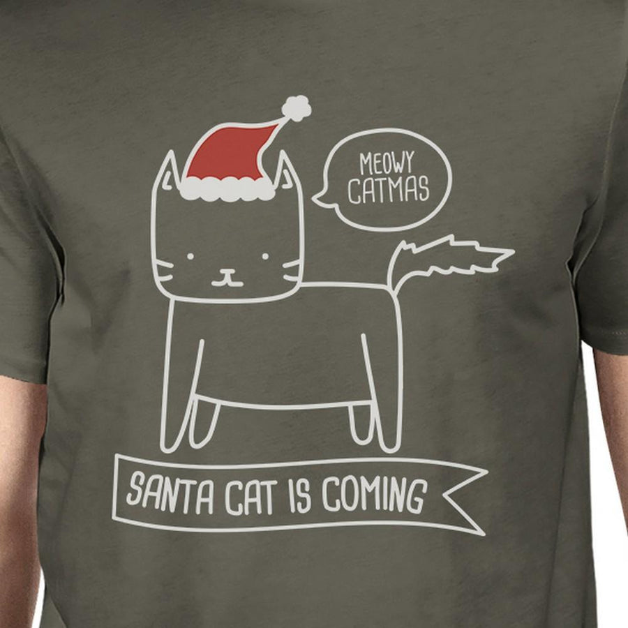 Meowy Catmas Santa Cat Is Coming Mens Dark Grey Shirt