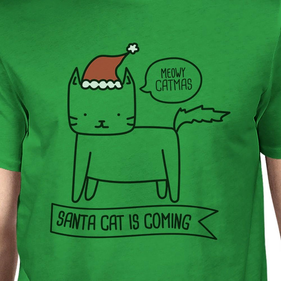 Meowy Catmas Santa Cat Is Coming Mens Green Shirt