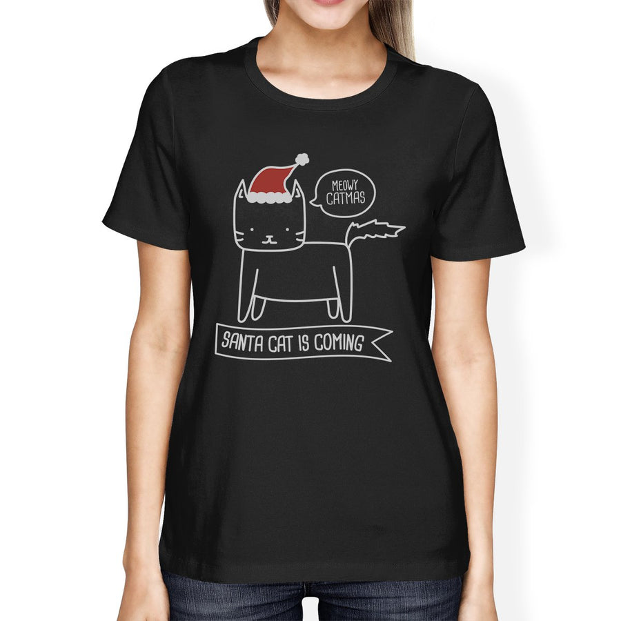 Meowy Catmas Santa Cat Is Coming Womens Black Shirt