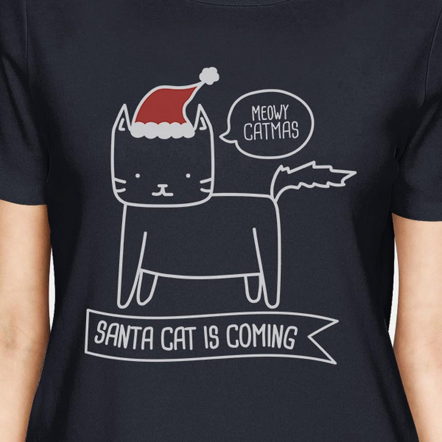 Meowy Catmas Santa Cat Is Coming Womens Navy Shirt