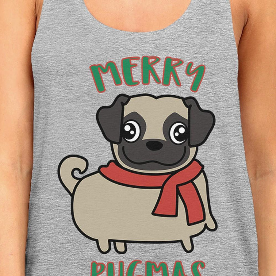 Merry Pugmas Pug Womens Grey Tank Top