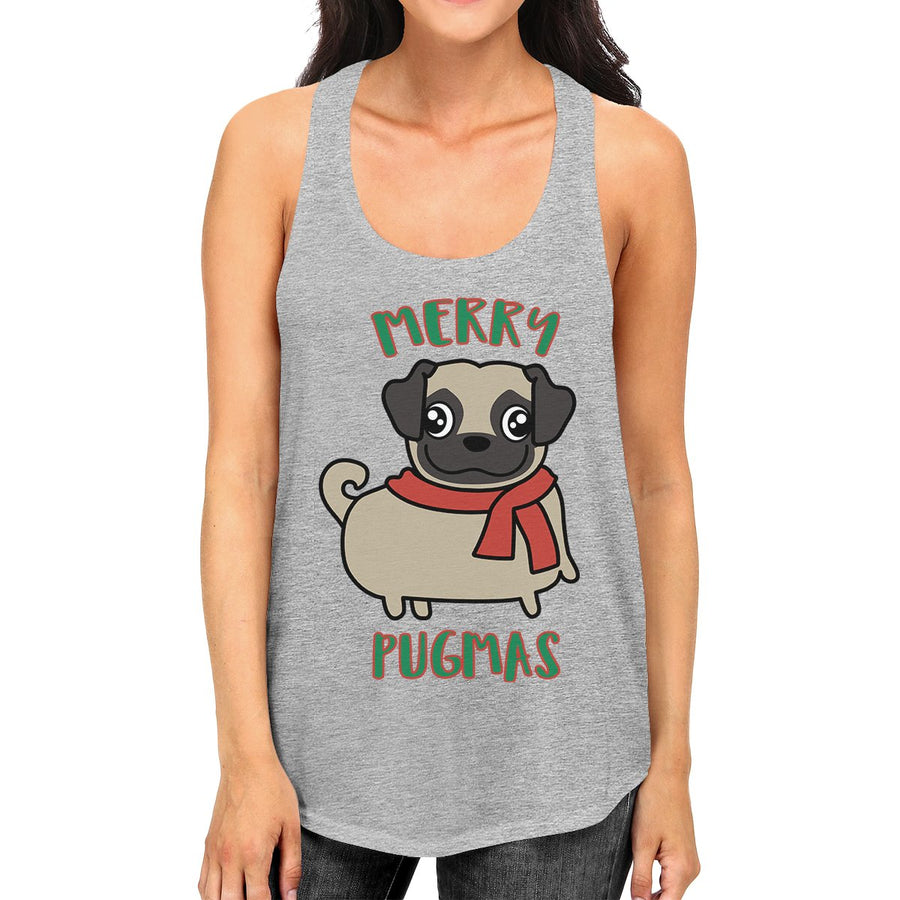 Merry Pugmas Pug Womens Grey Tank Top