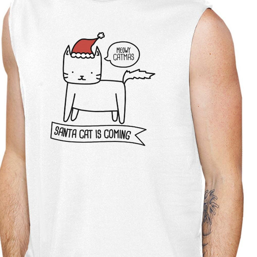 Meowy Catmas Santa Cat Is Coming Mens White Muscle Top