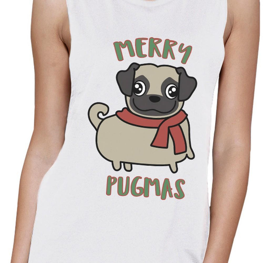 Merry Pugmas Pug Womens White Muscle Top