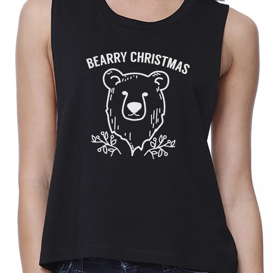 Bearry Christmas Bear Womens Black Crop Top