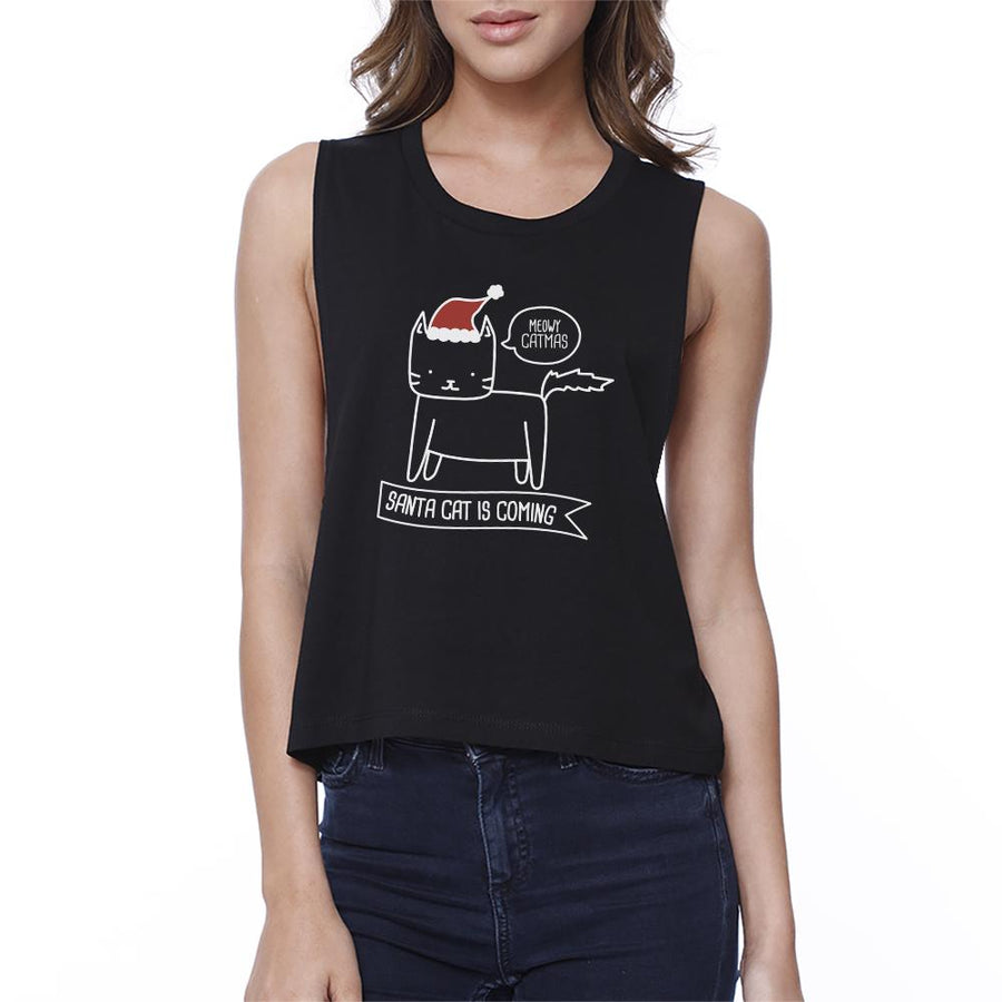 Meowy Catmas Santa Cat Is Coming Womens Black Crop Top