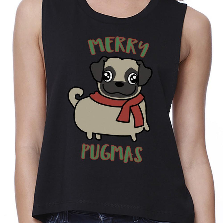 Merry Pugmas Pug Womens Black Crop Top