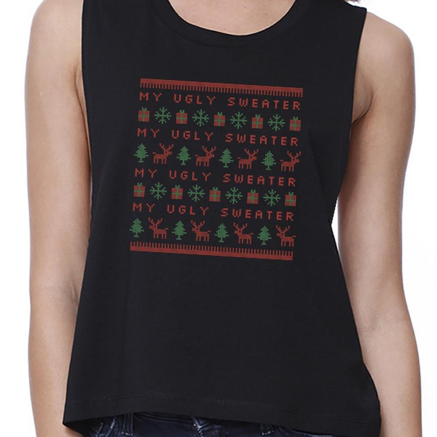 My Ugly Sweater Pattern Womens Black Crop Top