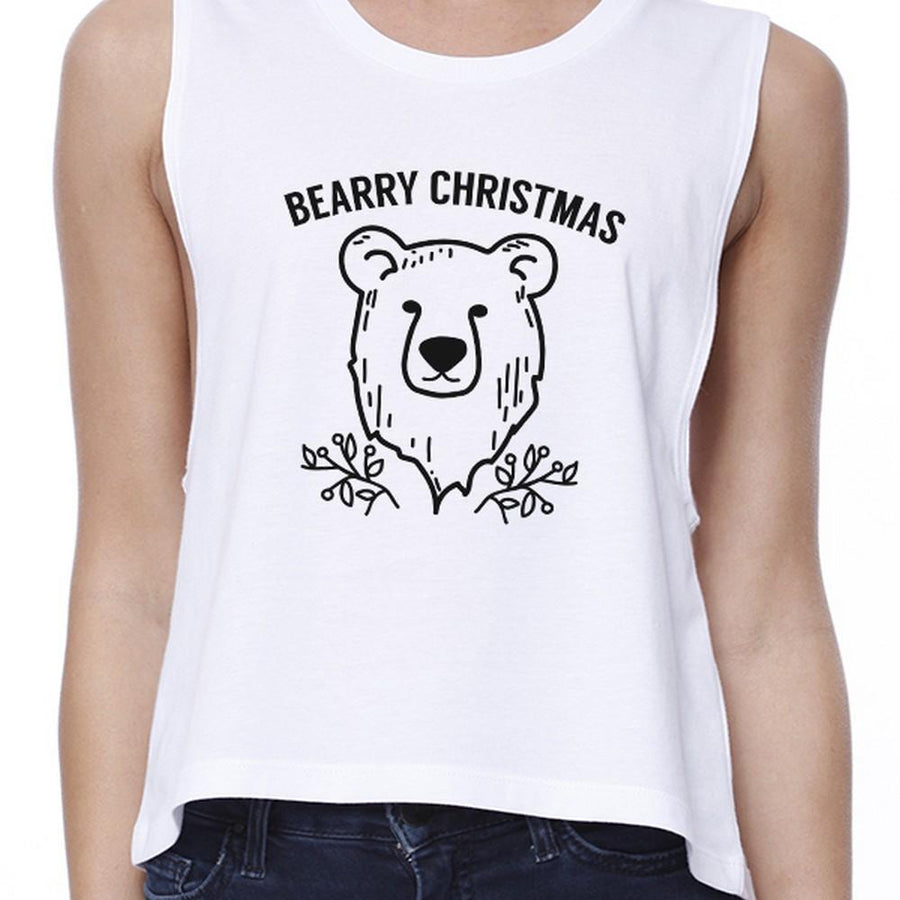 Bearry Christmas Bear Womens White Crop Top