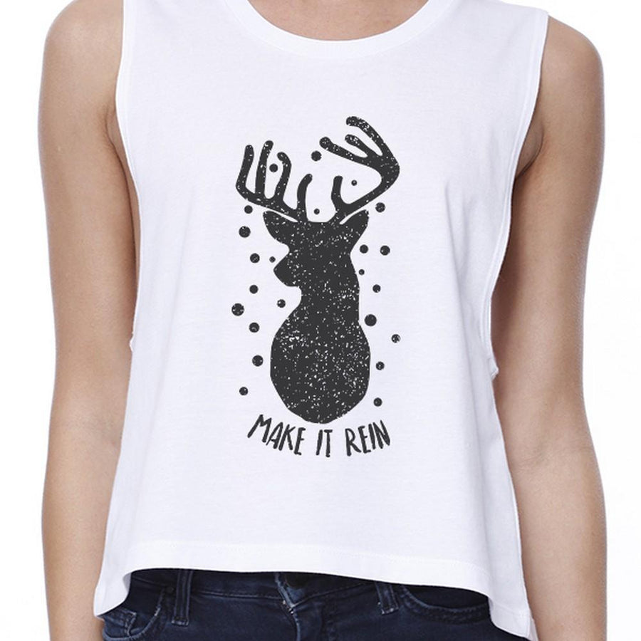 Make It Rein Vintage Reindeer Womens White Crop Top