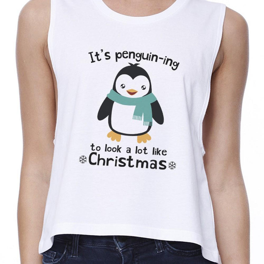 It's Penguin-Ing To Look A Lot Like Christmas Womens White Crop Top