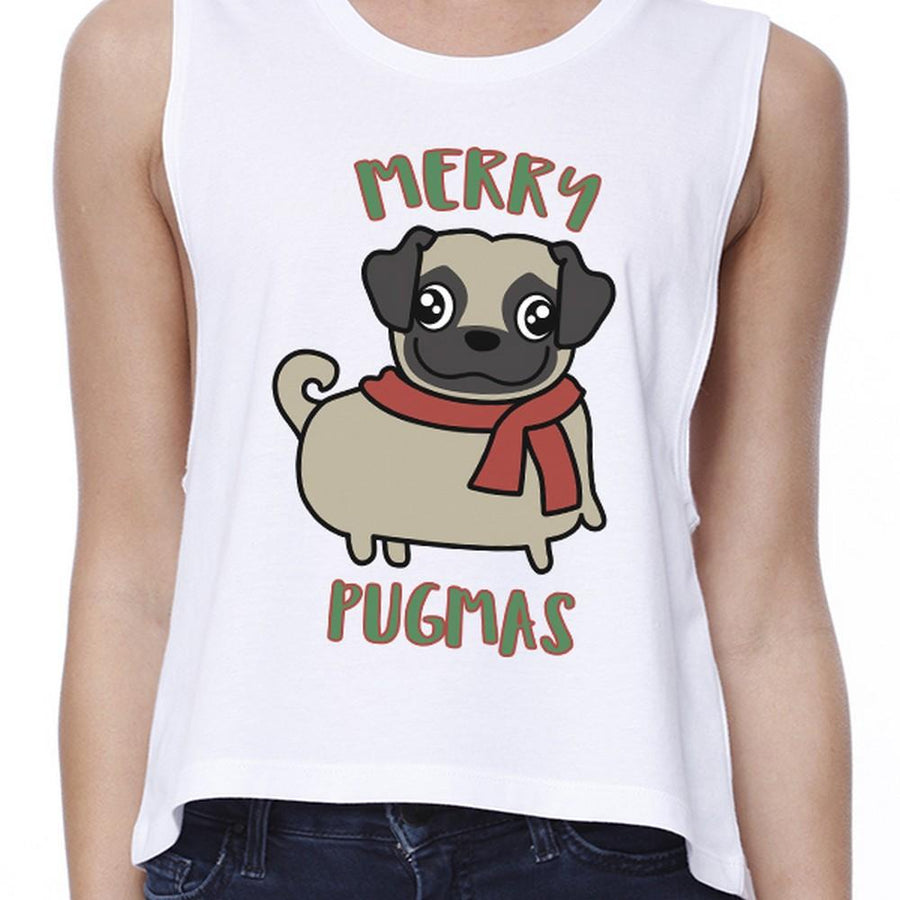 Merry Pugmas Pug Womens White Crop Top