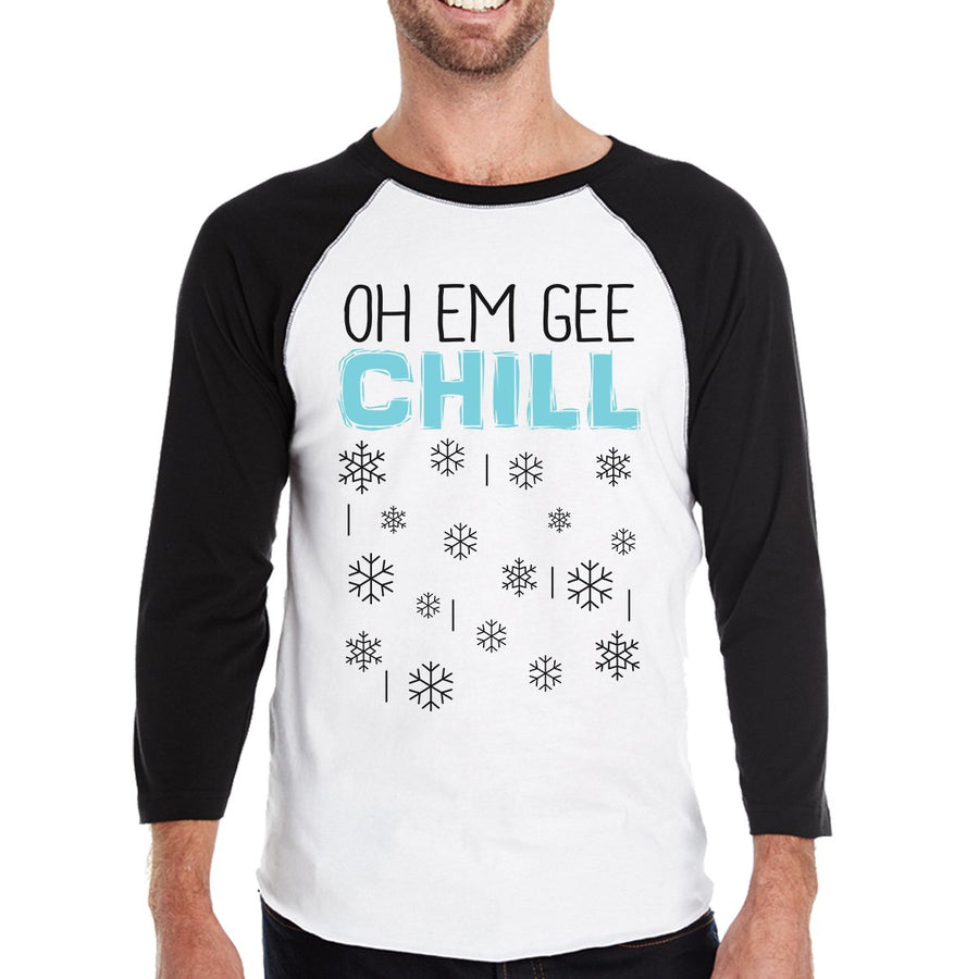 Oh Em Gee Chill Snowflakes Mens Black And White Baseball Shirt