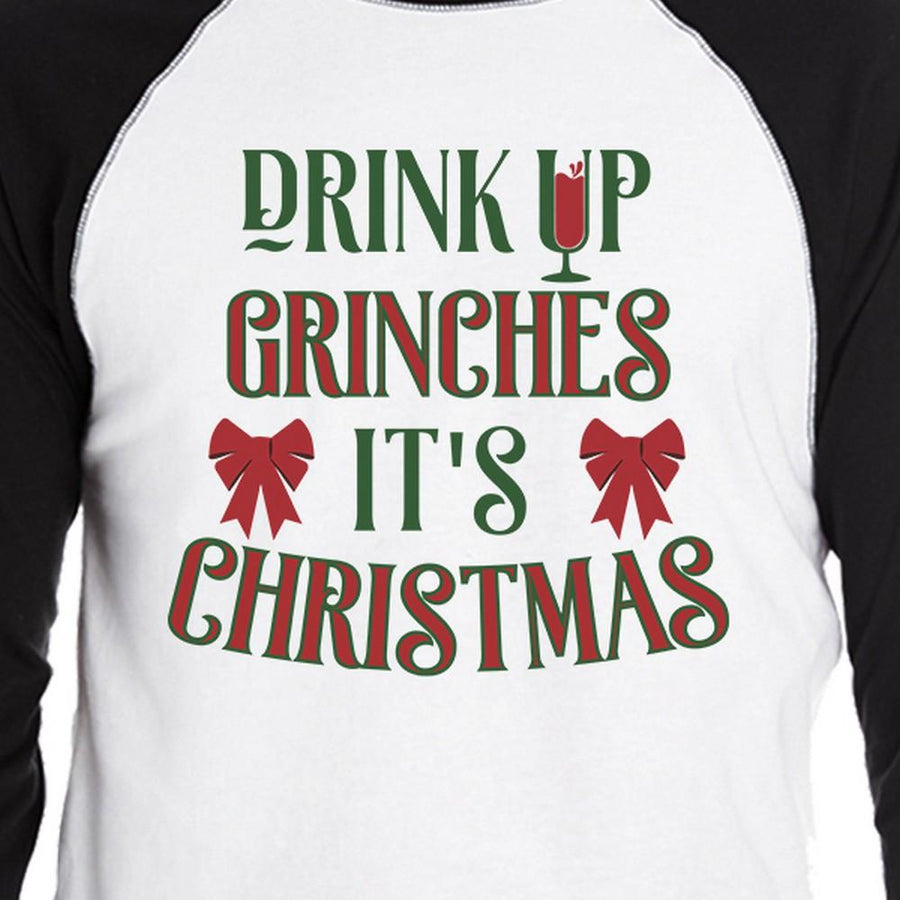 Drink Up Grinches It's Christmas Mens Black And White Baseball Shirt