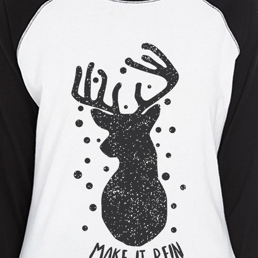 Make It Rein Vintage Reindeer Womens Black And White Baseball Shirt