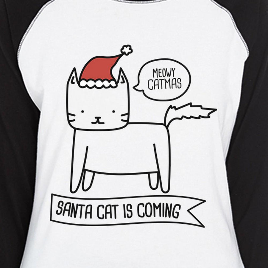 Meowy Catmas Santa Cat Is Coming Womens Black And White Baseball Shirt