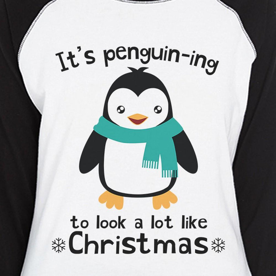 It's Penguin-Ing To Look A Lot Like Christmas Womens Black And White Baseball Shirt