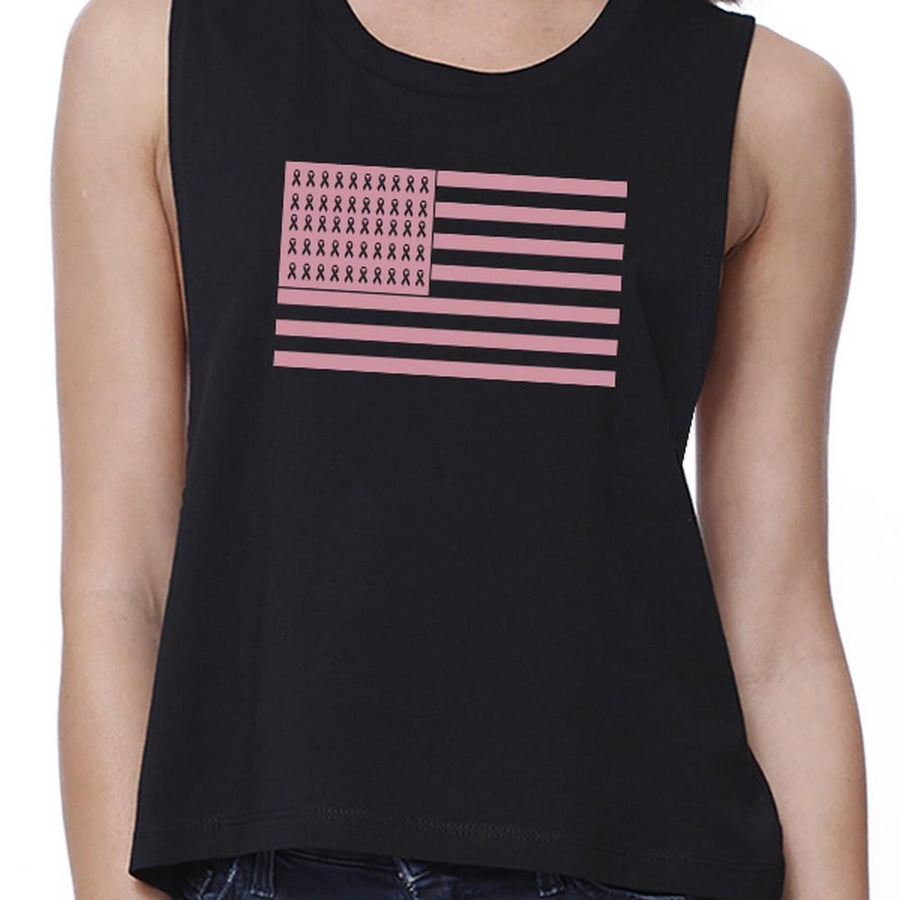 Breast Cancer Awareness Pink Flag Womens Black Crop Top