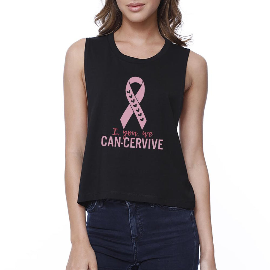 I You We Can-Cervive Breast Cancer Womens Black Crop Top