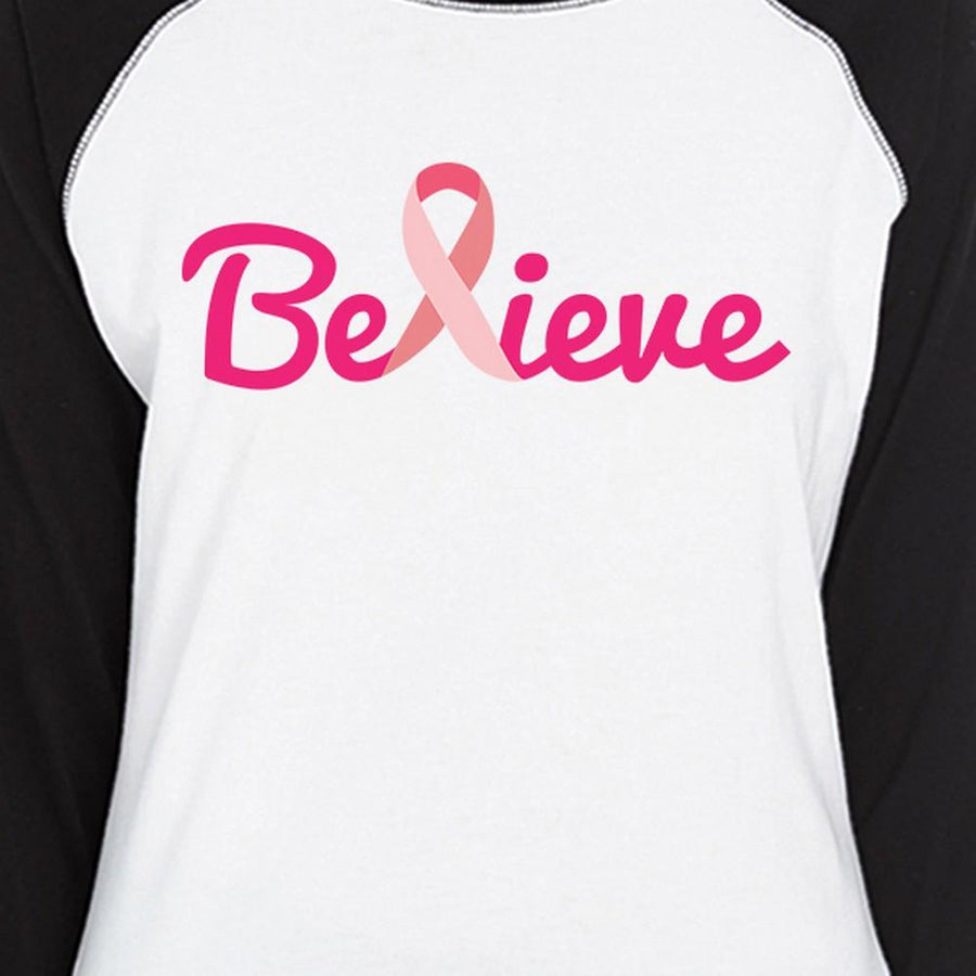 Believe Breast Cancer Awareness Womens Black And White BaseBall Shirt