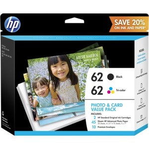 HP 62 Ink Cartridge/Paper Kit - Black, Tri-color