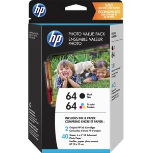 HP 64 Ink Cartridge/Paper Kit - Black, Tri-color