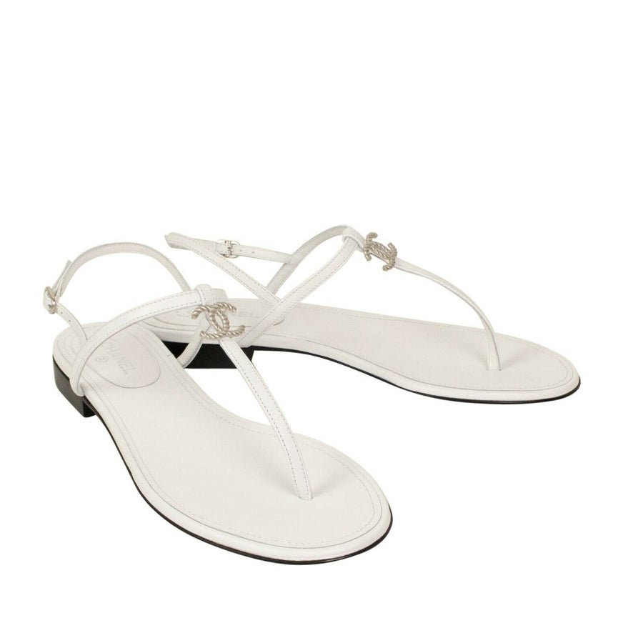 Leather Logo Thong Sandals - White