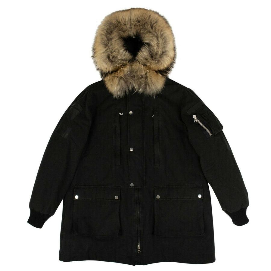 Cotton Faux Fur Hood Long Parka Coat - Black