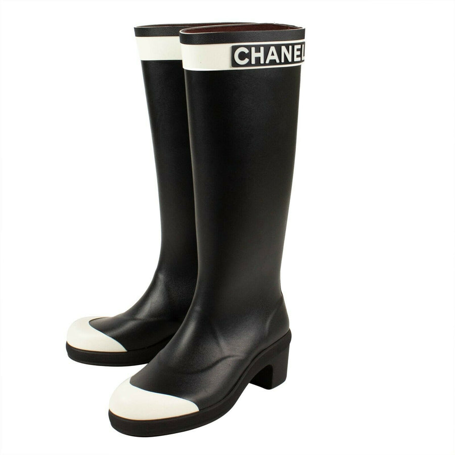 Rubber Logo Tall Rain Boots - Black / White