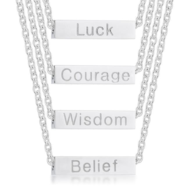 Luck Rhodium Stainless Steel Bar Script Necklace