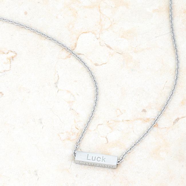 Luck Rhodium Stainless Steel Bar Script Necklace