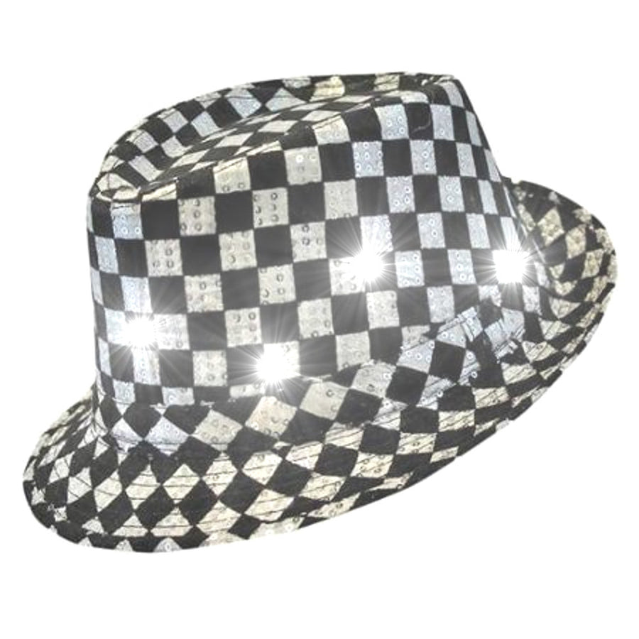 Light Up LED Flashing Fedora Hat with Checkered Sequins