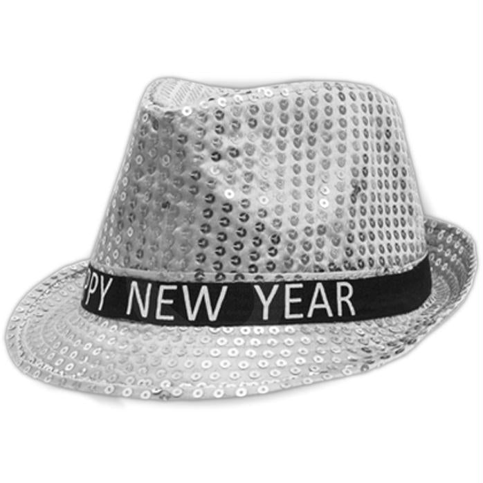 Light Up LED Happy New Year Fedora Silver