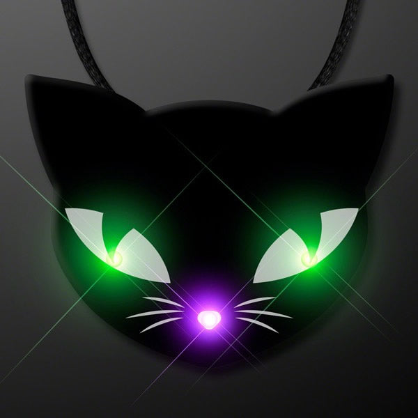 Black Kitty Cat Glowing Green Spooky Halloween Eyes Flashing Blinky Light Necklace