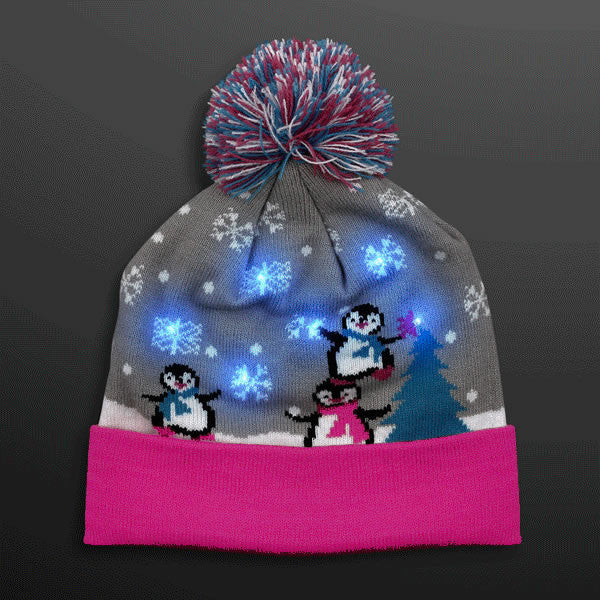 Multicolor LED Snowy Winter Christmas Holiday Penguins Beanie Hat