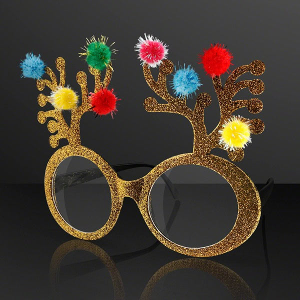 Gold Glitter Christmas Holiday Reindeer Antlers Animal Glasses