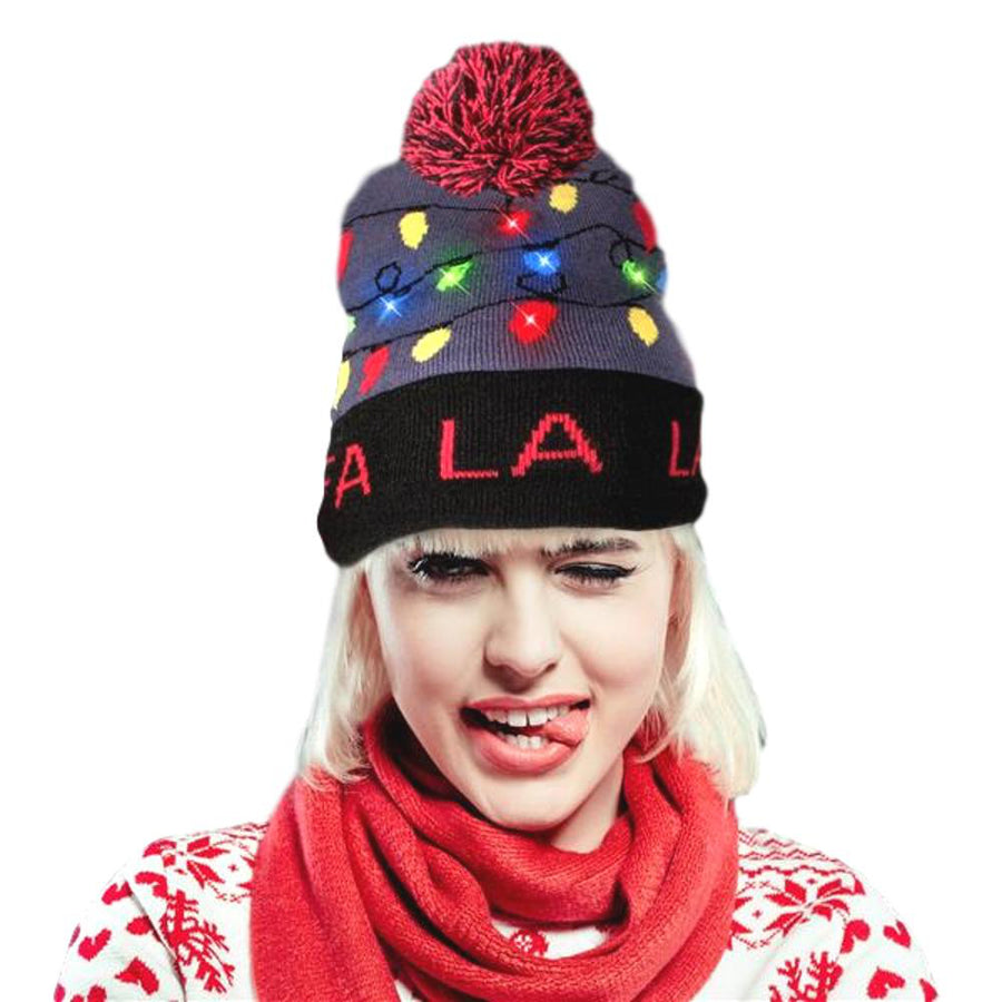 Light Up Fa La La  Knit Red Black Pom Pom Beanie Hat