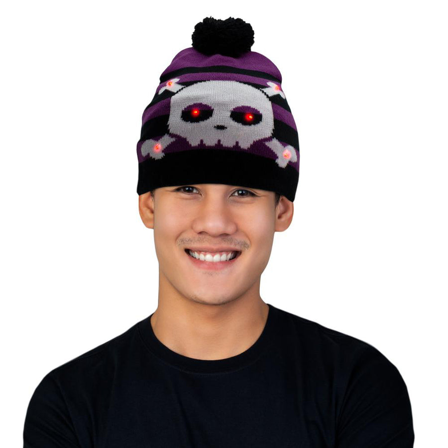 Light Up Cross Bones  Knit Pom Pom Beanie Hat